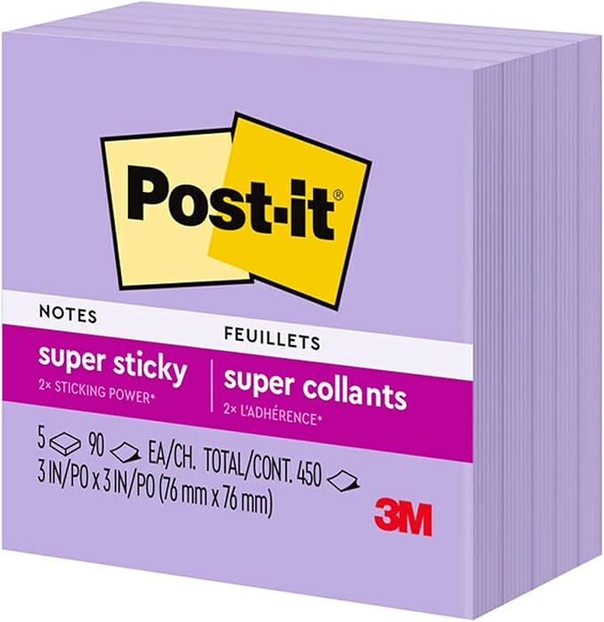 Post-it Super Sticky Notes, 5 Sticky Note Pads, 3 x 3 in., Ideal for Organization in Your Dorm, Home or Office, Single Color Packs Collection, Orchid Frost Lavender