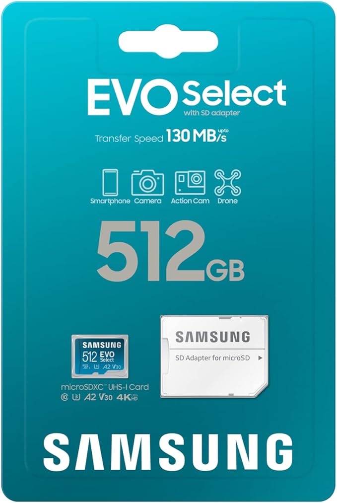 SAMSUNG EVO Select Micro SD-Memory-Card + Adapter, 512GB microSDXC 130MB/s Full HD & 4K UHD, UHS-I, U3, A2, V30, Expanded Storage for Android Smartphones, Tablets, Nintendo-Switch (MB-ME512KA/AM)