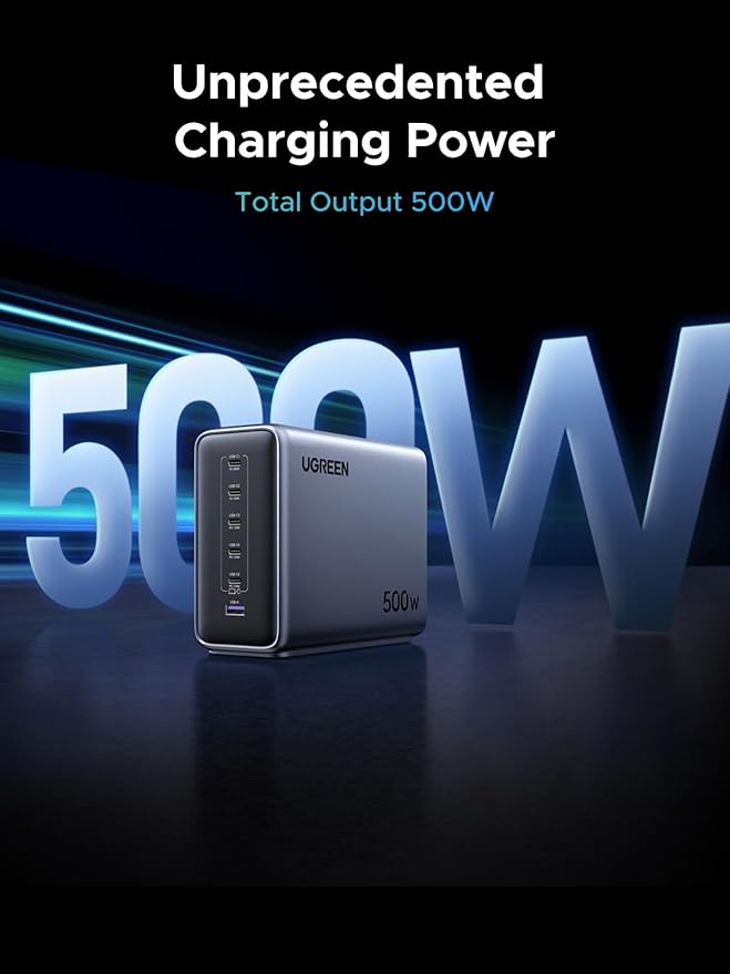 UGREEN Nexode 500W GaN Charging Station, 6-Port USB-C & USB-A with 240W Single Port, Smart Temperature Control & Space-Saving Design for iPhone 17/16/15, Galaxy S25/S24, MacBook Pro/Air, iPad, Laptops