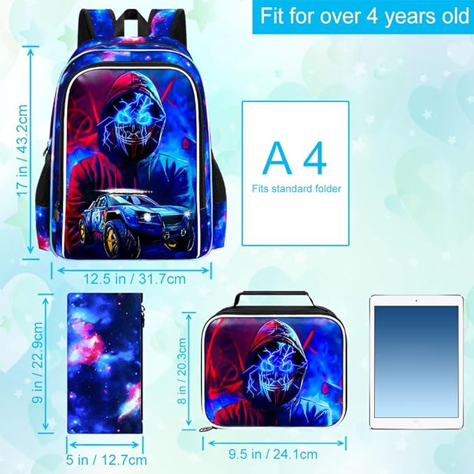 gxtvo 3PCS Boys Truck Backpack, 17" Kids Demon Bookbag with Lunch Box, Water Resistant Middle Elementary School Bag - Devil Man Truck