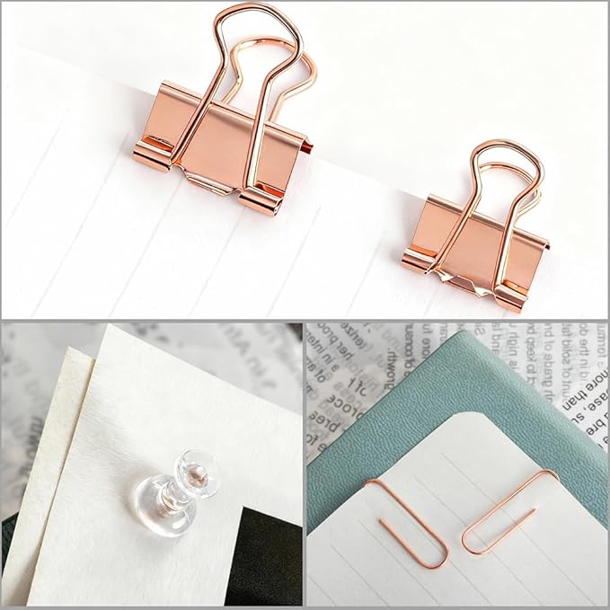 Cute Office Supplies Rose Gold, Paper Clips, Binder Clips and Push Pins Set, Paper Organizer Clips with Storage Box