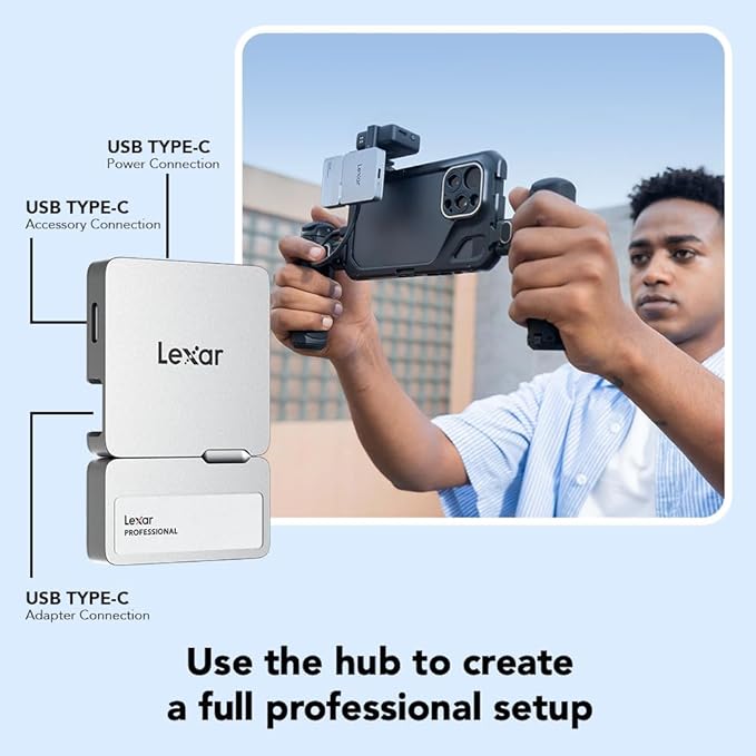 Lexar 1TB Professional Go Portable SSD w/Hub, Supports Apple 4K 60fps ProRes, Up to 1050MB/s, USB 3.2, Rugged, IP65, Ultracompact, Compatible w/iPhone 15/16 (Not 17), External SSD (LSL400S001T-RNSNU)