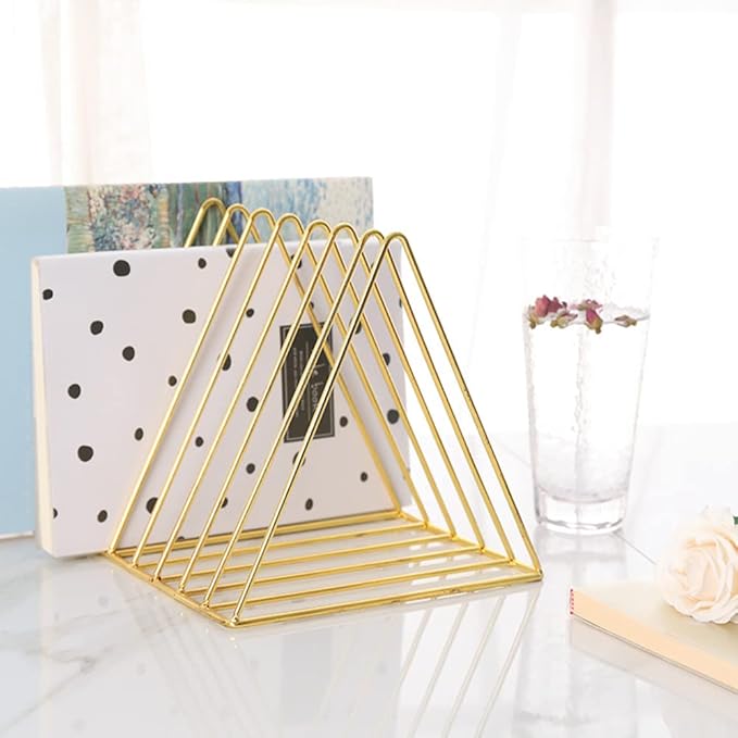 Sooyee 2 Pack 9 Slot Gold Magazine Holder,Desktop File Sorter Organizer Triangle Bookshelf Decor Home Office