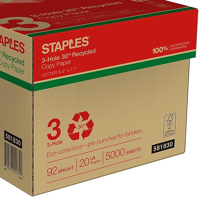 Staples Recycled 8.5 x 11-Inch, 3-Hole Punched Copy Paper 20 lb 92B 500/Ream 10 Ream/Count