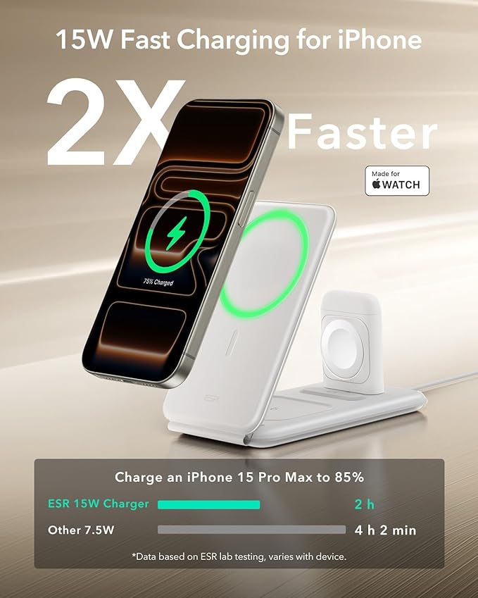 ESR 3 in 1 Charging Station for Apple, 15W MagSafe Charger Stand, MagSafe Travel Charger for iPhone 17/16/15/14/13/12 Series, Watch, AirPods, White (Bag Included)