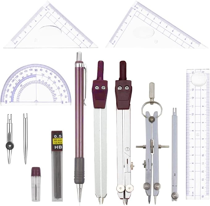 Compass Geometry Tool, 13PCS Compass and Protractors Set Math Geometry Drawing Tool Precision Set Graphic Compasses Triangle Rulers Pencils Protractor with Storage Case (Brown)