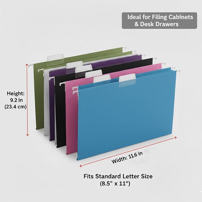 25 Packs Hanging File Folders,Assorted Color Letter Size File Folder,Designed for Bulky Files,Filing Cabinet,1/5 Adjustable Tabs for Office,School,Home(Black,Blue,Pink,Purple,Standard Green)