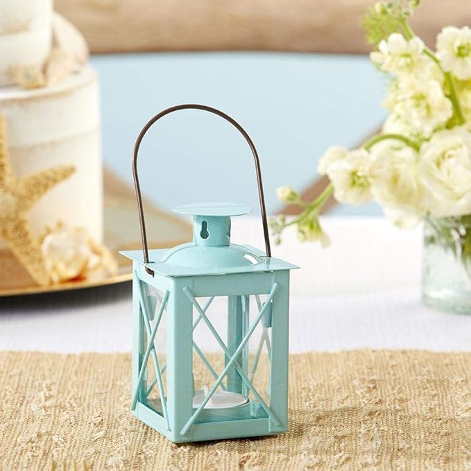 Kate Aspen Decorative Lanterns - Set of 12 - Luminous Metal Lantern Tealight Candle Holders for Wedding, Home Decor and Party - 4.5" H (6.5" H with Handle) – Blue