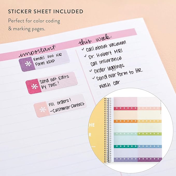 Erin Condren 8.5" X 11" Spiral Bound Productivity Notebook, Watercolor Blooms, Functional 160 Lined Page and 80Lb Thick Paper Spiral Notebook, Stickers Included