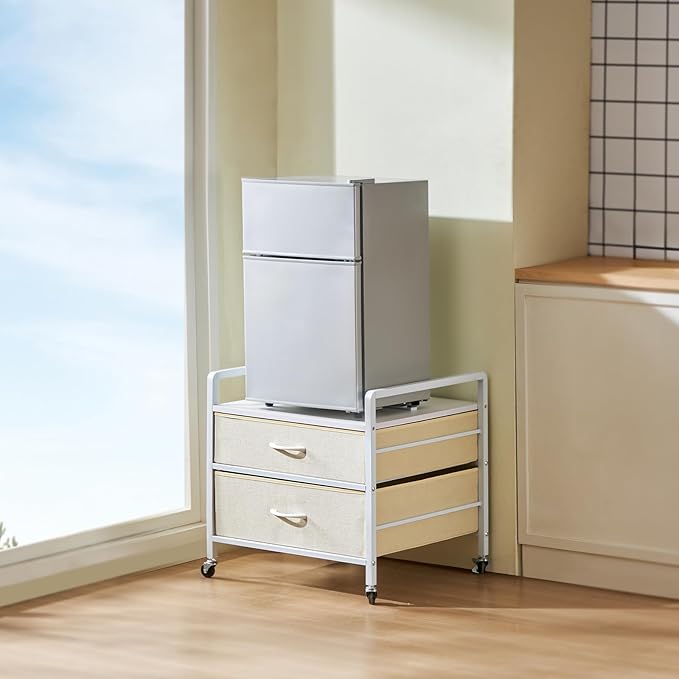 VEVOR Mini Fridge Stand with Storage, 176 lb-Capacity Mini Fridge Table with 2 Drawers & 4 Swivel Wheels, Mobile Mini Fridge Shelf, White Mini Fridge Organizer for Dorm, Apartment, Office, Bedroom