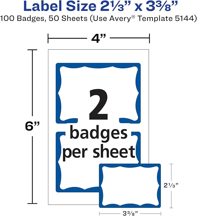 Avery Customizable Name Tags, 2-1/3" x 3-3/8", White with Blue Border, 100 Removable Name Badges (05144)