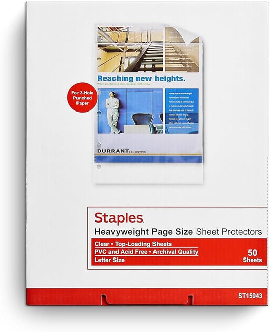 Staples Sheet Protectors, Clear, Standard 3‑Hole Punch, Top‑Loading, Archival‑Safe, Medium Weight, 150/Carton