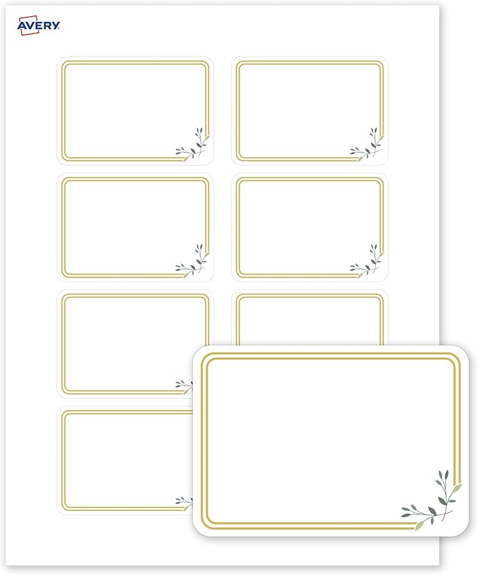 Avery Printable Rectangle Adhesive Name Tags, Double Gold Border Florals Design, 2-1/3" x 3-3/8", Matte White Removable Name Tags, Laser/Inkjet, 80 Total, Great for Name Badges