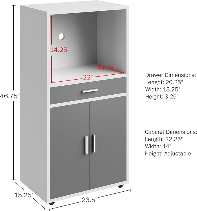 Microwave Stand with Drawer - Rolling Storage Cabinet with Doors and Locking Wheels - Freestanding Kitchen Storage by Lavish Home (White and Gray)