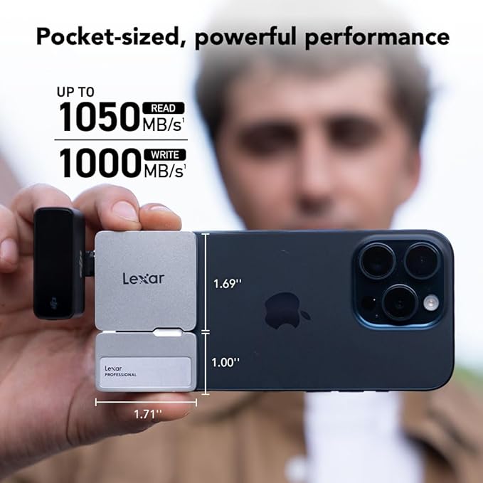 Lexar 1TB Professional Go Portable SSD w/Hub, Supports Apple 4K 60fps ProRes, Up to 1050MB/s, USB 3.2, Rugged, IP65, Ultracompact, Compatible w/iPhone 15/16 (Not 17), External SSD (LSL400S001T-RNSNU)