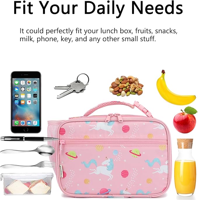 Insulated Lunch Box for School, Thermal Reusable Durable Freezable Lunch Bags for Kids Boys Girls Men Women - Small Soft Cooler Portable Lunch Tote Kit for Work Picnic Travel,Pink Unicorn