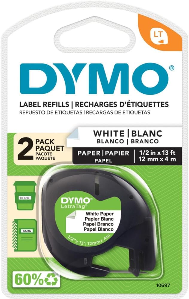 Dymo 10697 Self-Adhesive White Paper Labeling -Tape for LetraTag (LT) Label Makers; 3 Blister Packs (6 Refills); Each with Two 1/2" Wide x 13ft Long (12mm x 4m) Refill Rolls