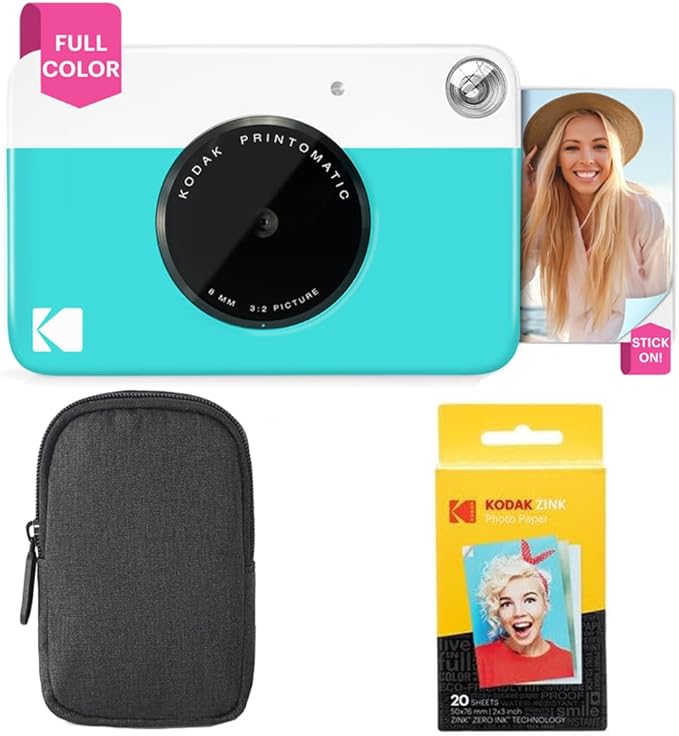 Kodak Printomatic Full-Color Instant Print Camera Starter Bundle + Carrying Case + Zink 20pk Photo Paper - Colorful Photos On 2x3 Sticky-Back Paper - Fun Gift for Birthday Christmas Holiday - Blue