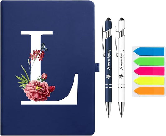Premium Hardcover Executive Notebook and Pen Set - A5 Journal Notebook 192 Line Pages, 2 Smooth-Writing Ballpoint Pens, Arrow Sticky Notes - For Office School Supplies Letter L Floral Design DeepBlue