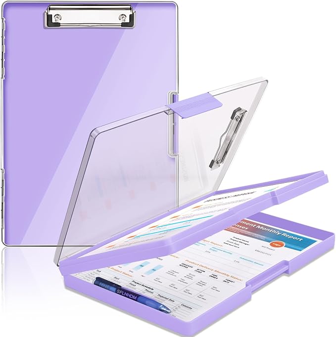 SFLHHDM Clipboard with Storage,Heavy Duty Clip Boards 8.5x11 with 2 Storage Case,Clear Visible Panel Storage Clipboards,Side Opening Nursing Clipboard Folder for Office Supplies-Light Purple