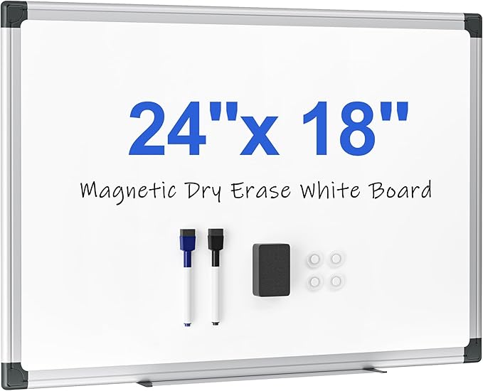 Magnetic White Board 24" x 18" for Wall, Dry Erase Board for Home Office, School, Study Room – Silver Aluminum Frame with 2 Markers, 4 Magnets, Eraser Included