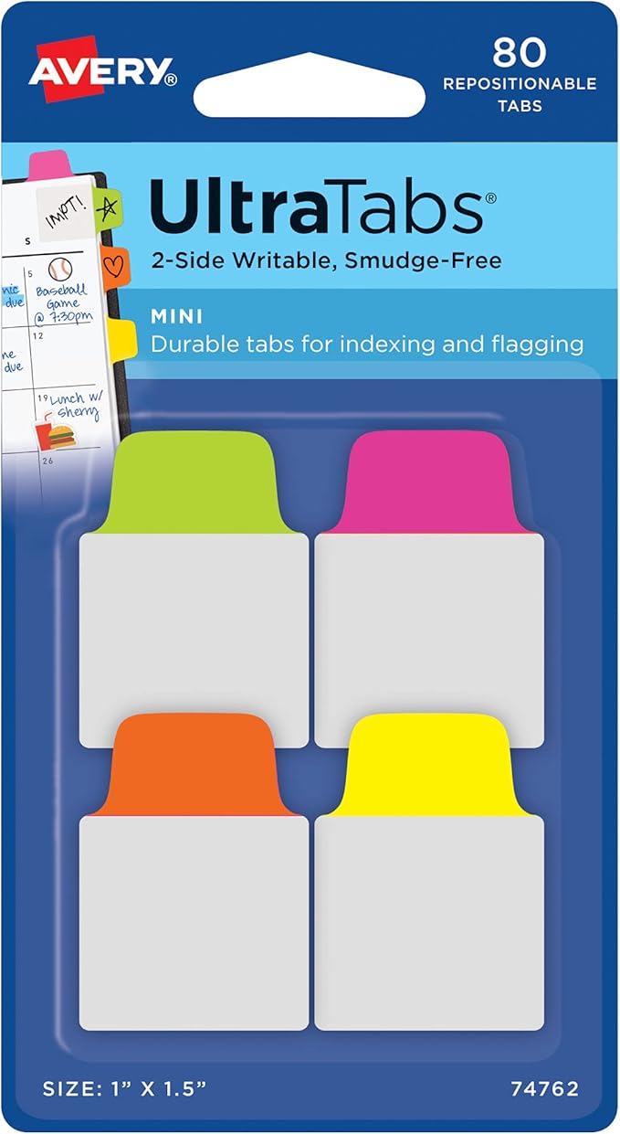 Avery Mini Ultra Tabs, 1" x 1.5", 2-Side Writable, Assorted Neon Colors, 80 Repositionable Tabs (74762)