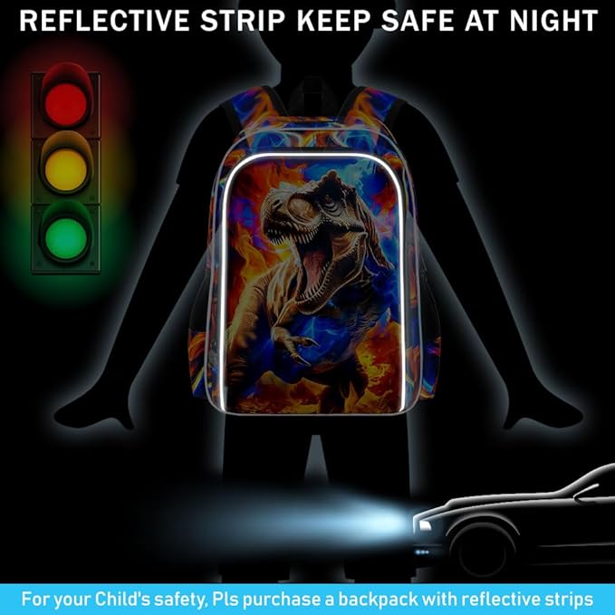 KLFVB 3PCS Boys Bookbag Set, 17" Dinosaur Bookbag and Lunch Box, Water Resistant Teenagers School Backpacks for Middle Elementary - Flame T-Rex