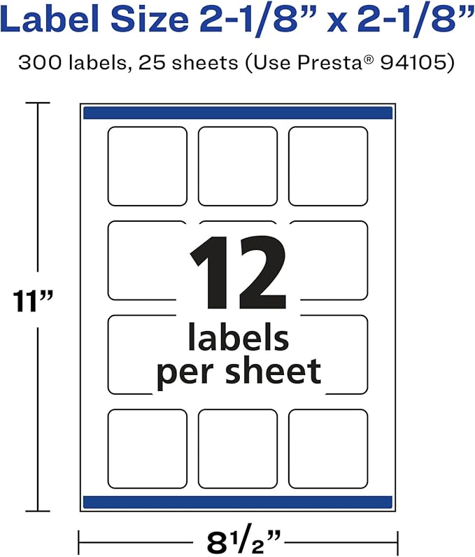 Avery Glossy White Square Labels, Sure Feed Technology, 2-1/8" x 2-1/8", 300 Glossy White Labels, Print-to-The-Edge, Permanent Adhesive, Laser/Inkjet Printable