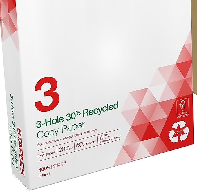 Staples Recycled 8.5 x 11-Inch, 3-Hole Punched Copy Paper 20 lb 92B 500/Ream 10 Ream/Count