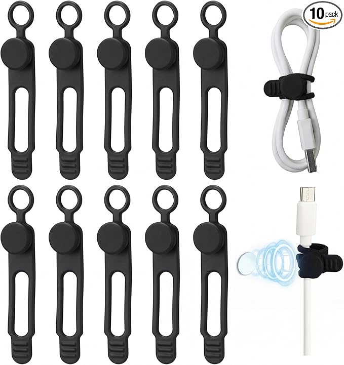 Geelin 10 Pack Magnetic Silicone Cable Ties bulk Reusable Cable Organizer Straps for Cord Management Magnetic Wire Ties for USB Cables Headphones Charger Cords Curtain Towel Straps (Black)