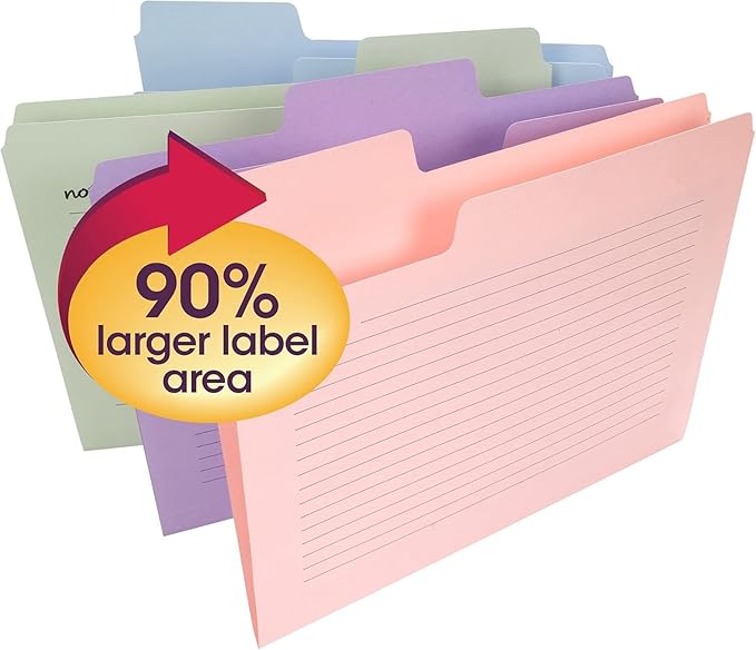 Smead File Folder, SuperTab Oversized Tab File Folders, 1/3-Cut Oversized Tabs, Letter Size, Assorted Colors, 48 per Pack (11651)