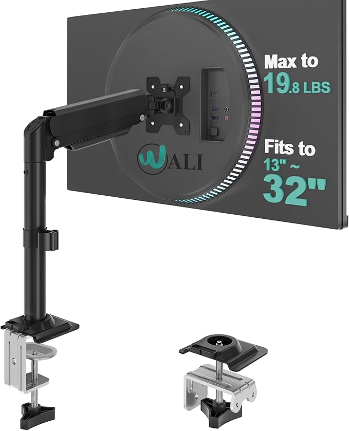 WALI Single Monitor Arm Mount for up to 32 inch Screens, Gas Spring Stand with Full Motion Tilt Swivel Rotation, Holds 19.8 lbs, VESA 75/100, C-Clamp & Grommet Mount (GSDM001S)
