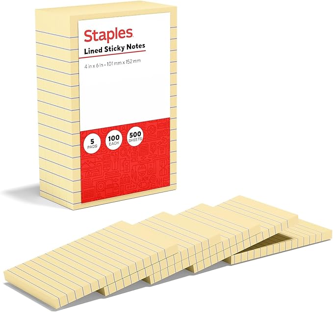 Staples Sticky Notes, 4" x 6", Lined, Yellow, Recycled Paper, 500 Sheets – Eco‑Friendly Ruled Notes for Lists, Planning & Office Use