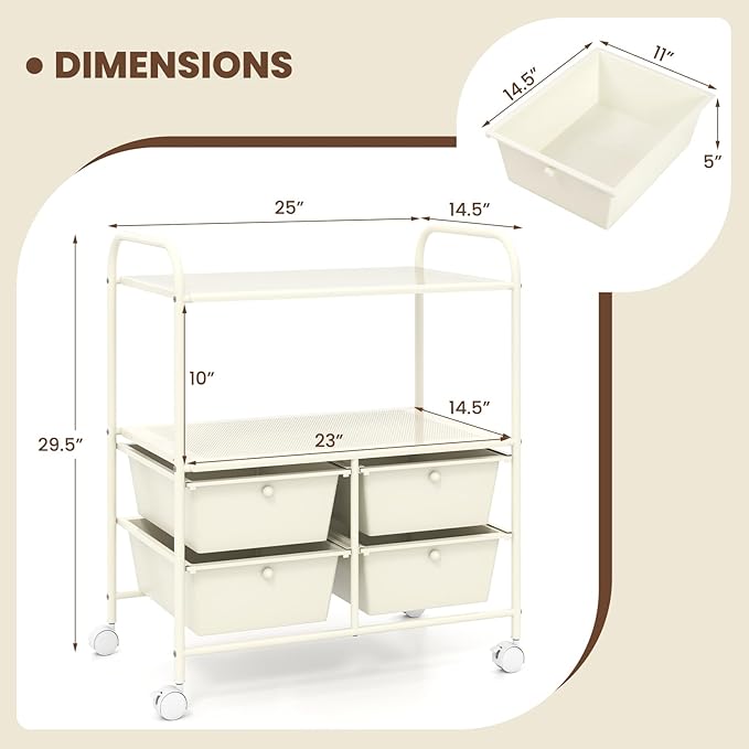 COSTWAY 4-Drawer Storage Cart, Mobile Storage Organizer w/Steel Frame & 360° Wheels, 4-Drawer Utility Cart for Living Room, Kitchen, Bathroom & Office (White)
