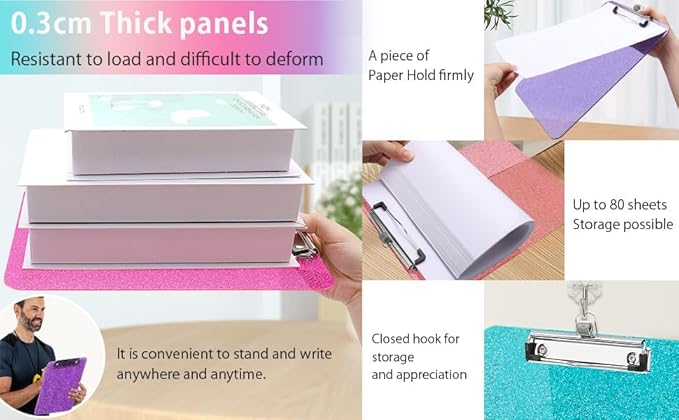 Sparkly Clipboard with Pen Holder, Clear Plastic Glitter Clip Board, Hanging Shiny Clipboards with Low Profile Metal Clip, Letter A4 Size for Taecher Women Office School (Clear Pink)