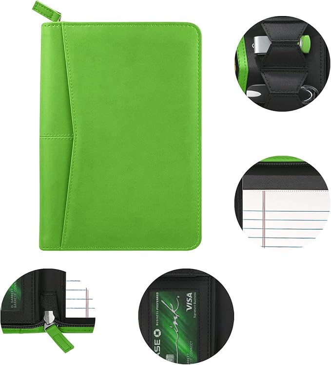 Small Portfolio Organizer, A5 Zippered Business Portfolio, Junior Padfolio Folder Binder for Women & Men, 5 x 8 Writing Pad Included,Green