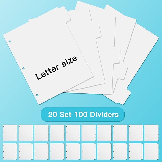3 Ring Binder Dividers with 5 Tabs, Write & Erase Plastic Binder Dividers Durable 3 Hole Punch Dividers Letter-Size 1/5 Cut Big Tabs Dividers, 20 Set, 100 Dividers Total
