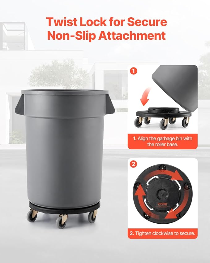 VEVOR Trash Can Dolly, Fit 20, 32, 44, 55 Gallon Containers, 2 Packs Round Trash Can Roller Base with 4 Swivel Wheels, 500lbs Heavy Duty Barrel Dolly, Multi-Functional Rolling Cart