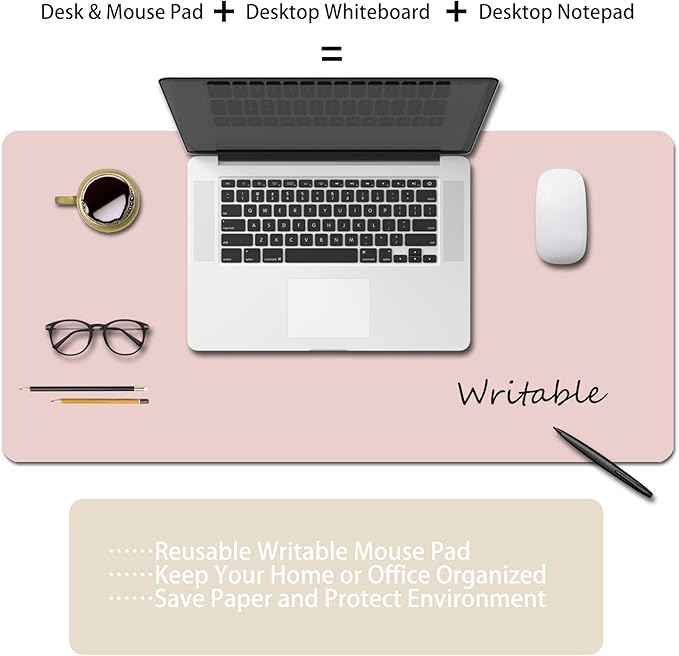 Erasable writable(Frontside) Table mat,Dual Sided Desk Mat, Large Mouse Pad, Notepad, Writing White Board (Includes 7.9"x9.4" Portable Mousepad)