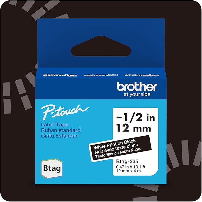 Brother Genuine P-Touch Btag BTAG335 White on Black Label Tape ~1/2in by 13.1ft (12mm x 4m). (Works Only with Brother PT-N10, PT-N20, PT-N25BT Label Makers)