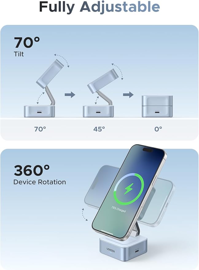 UGREEN Qi2 25W Magflow Wireless Charger Magsafe Charging Station 2-in-1 for iPhone 17/16/15/14/13/12 Pro Max, Fast Foldable Stand with USB-C Port, Compatible with AirPods, Dual Device Charging