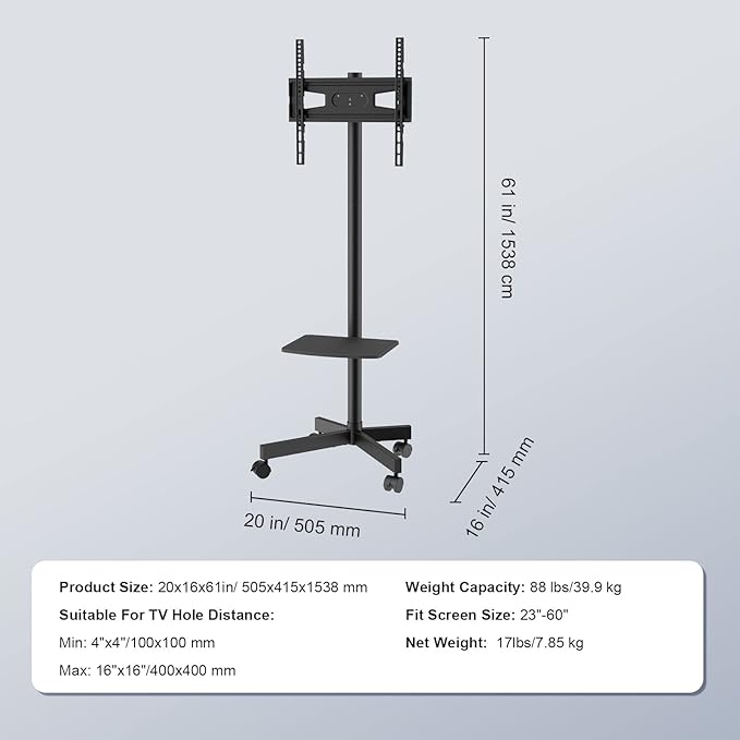VEVOR Mobile TV Stand, Mobile TV Cart for 23 to 60 inch TVs, Height Adjustable Portable TV Stand with Wheels, with A Tray for Audio-Visual Devices, Rolling TV Stand with Mount for Bedroom, Living Room