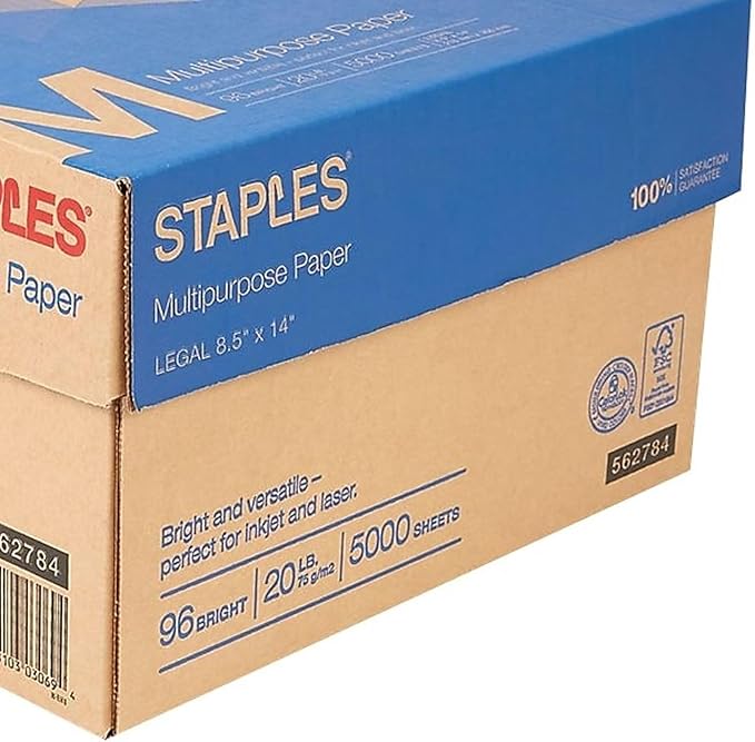 Staples Multipurpose Paper, 8 1/2 inch x 14 inch, Case, For Office, School & Home