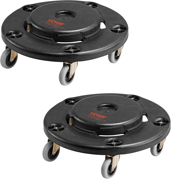 VEVOR Trash Can Dolly, Fit 20, 32, 44, 55 Gallon Containers, 2 Packs Round Trash Can Roller Base with 4 Swivel Wheels, 500lbs Heavy Duty Barrel Dolly, Multi-Functional Rolling Cart