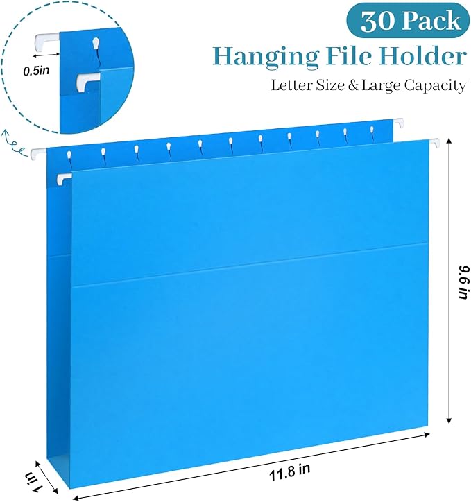 30 Pack Extra Capacity Hanging File Folders Reinforced Letter Size Hanging Folders with 1 Inch Expansion, 1/5 Cut Adjustable Tab Inserts for Office, School, Home Supplies, Assorted Colors