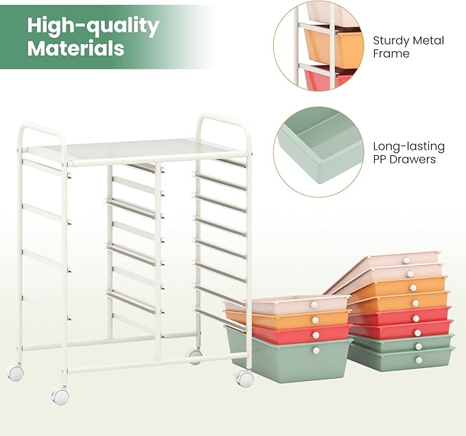 COSTWAY 12 Drawer Rolling Storage Cart, Mobile Utility Cart with Metal Frame, Art Supply Craft Organizer, Multipurpose Storage Organizer for Paper, Office, School Teacher, Classroom, Macaron