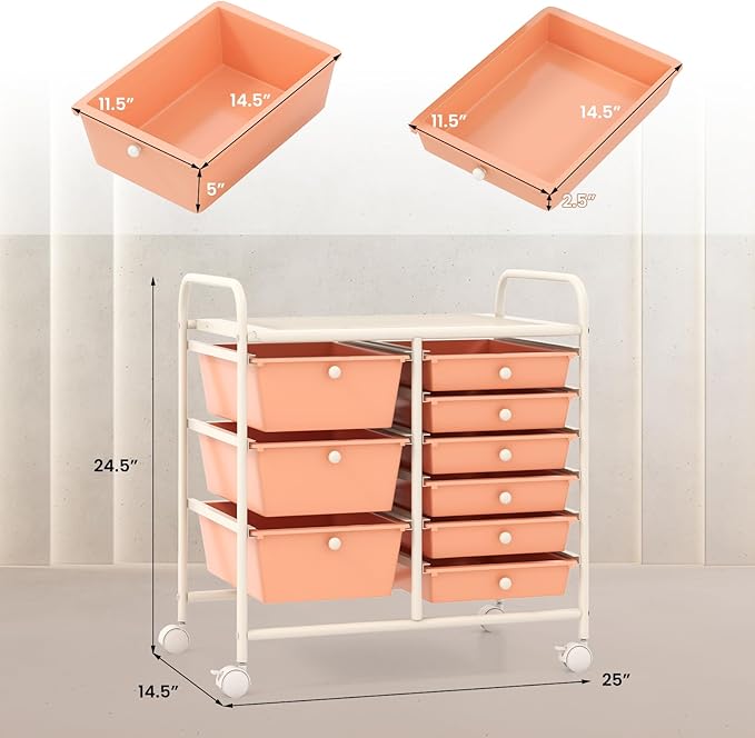 COSTWAY Rolling Storage Cart with 9 Drawer, Mobile Utility Cart with Metal Frame, Art Supply Craft Organizer, Multipurpose Storage Organizer for Paper, Office, School Teacher, Classroom, Peach