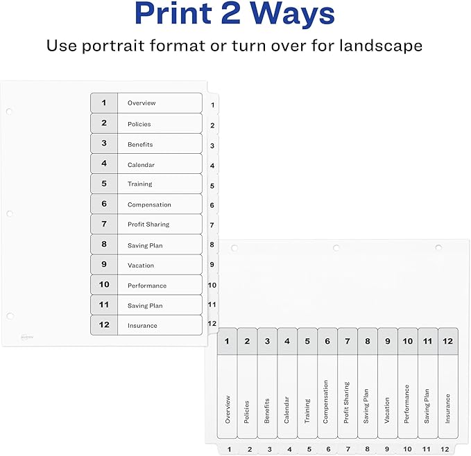 Avery Dividers for 3 Ring Binders, 12 Tabs per Set, Customizable Table of Contents, Classic White Tabs, Great for Organizing Reports, Projects, and More (11140)