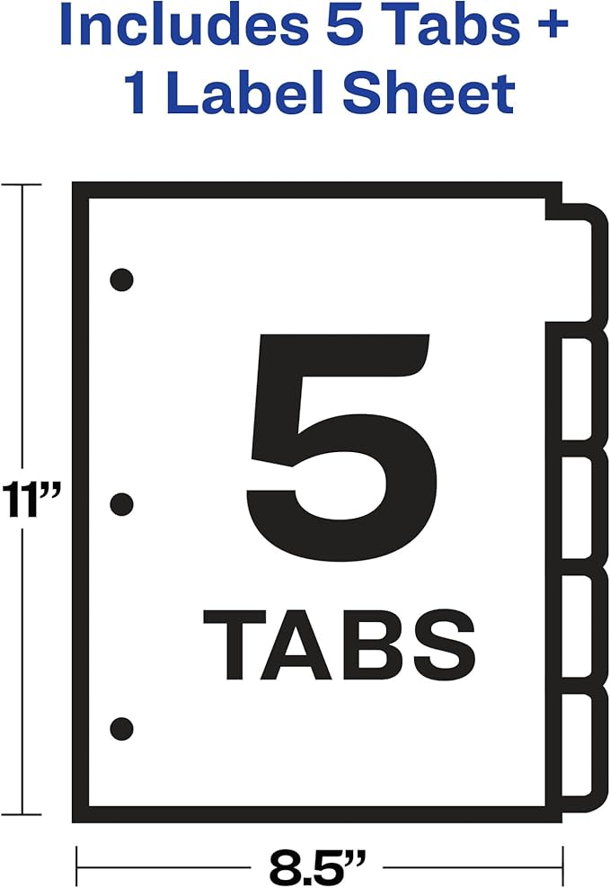 Avery 5 Tab Dividers for 3 Ring Binder, Easy Print & Apply Clear Label Strip, Index Maker Customizable White Tabs, 1 Set (11416)