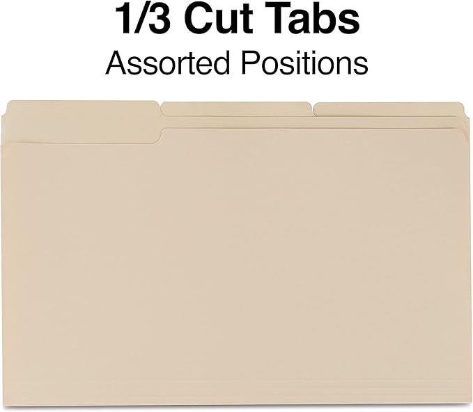 Staples File Folders, Legal Size, 1/3‑Cut Tabs, Manila, Durable Paper Stock, 200/Carton